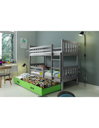 Dviaukštė vaikiška lova CARINO - pilka-žalia, trivietė, 190x80cm