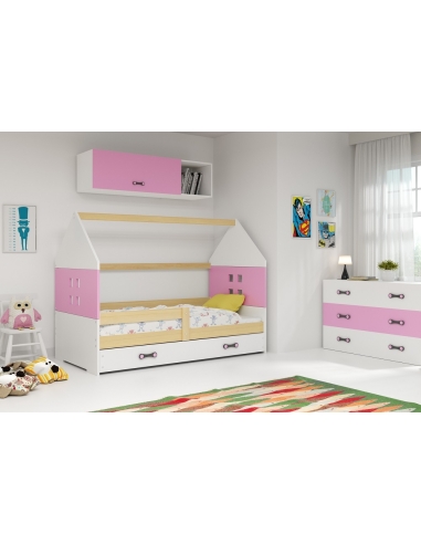 Vaikiška lova NAMELIS - pušis-balta-rožinė, viengulė, 160x80cm