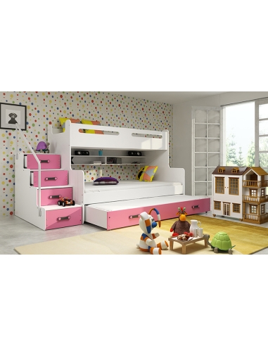 Dviaukštė vaikiška lova MAX 3 - balta-rožinė, trivietė, 200x120cm