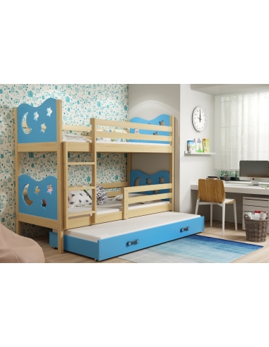 Dviaukštė vaikiška lova MIKO - pušis-mėlyna, trivietė, 200x90cm