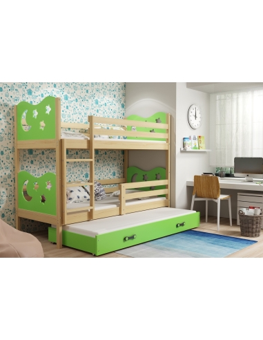 Dviaukštė vaikiška lova MIKO - pušis-žalia, trivietė, 200x90cm