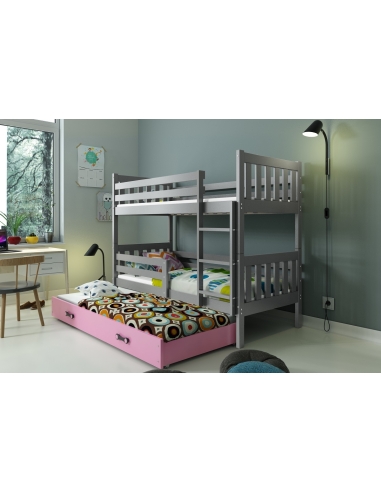 Dviaukštė vaikiška lova CARINO - pilka-rožinė, trivietė, 190x80cm