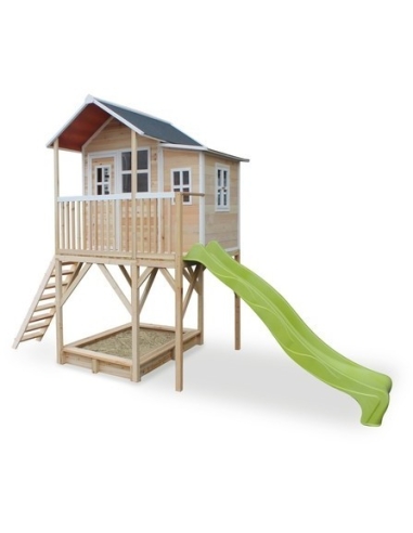 Medinis vaikų žaidimų namelis su terasa, smėlio dėže ir čiuožykle Exit Loft 750 Natural