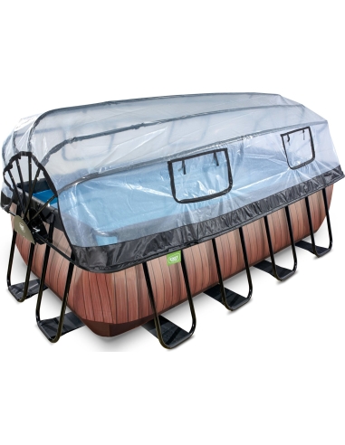 EXIT Wood pool 400x200x122cm with sand filter pump and dome and heat pump - brown