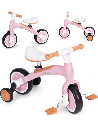 Krosinis dviratis su pedalais - mokomasis dviratis su šoniniais ratais 3W1 rožinės spalvos ECOTOYS