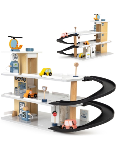 Didelis medinis garažas su liftu + automobilių sraigtasparnių plovykla ECOTOYS